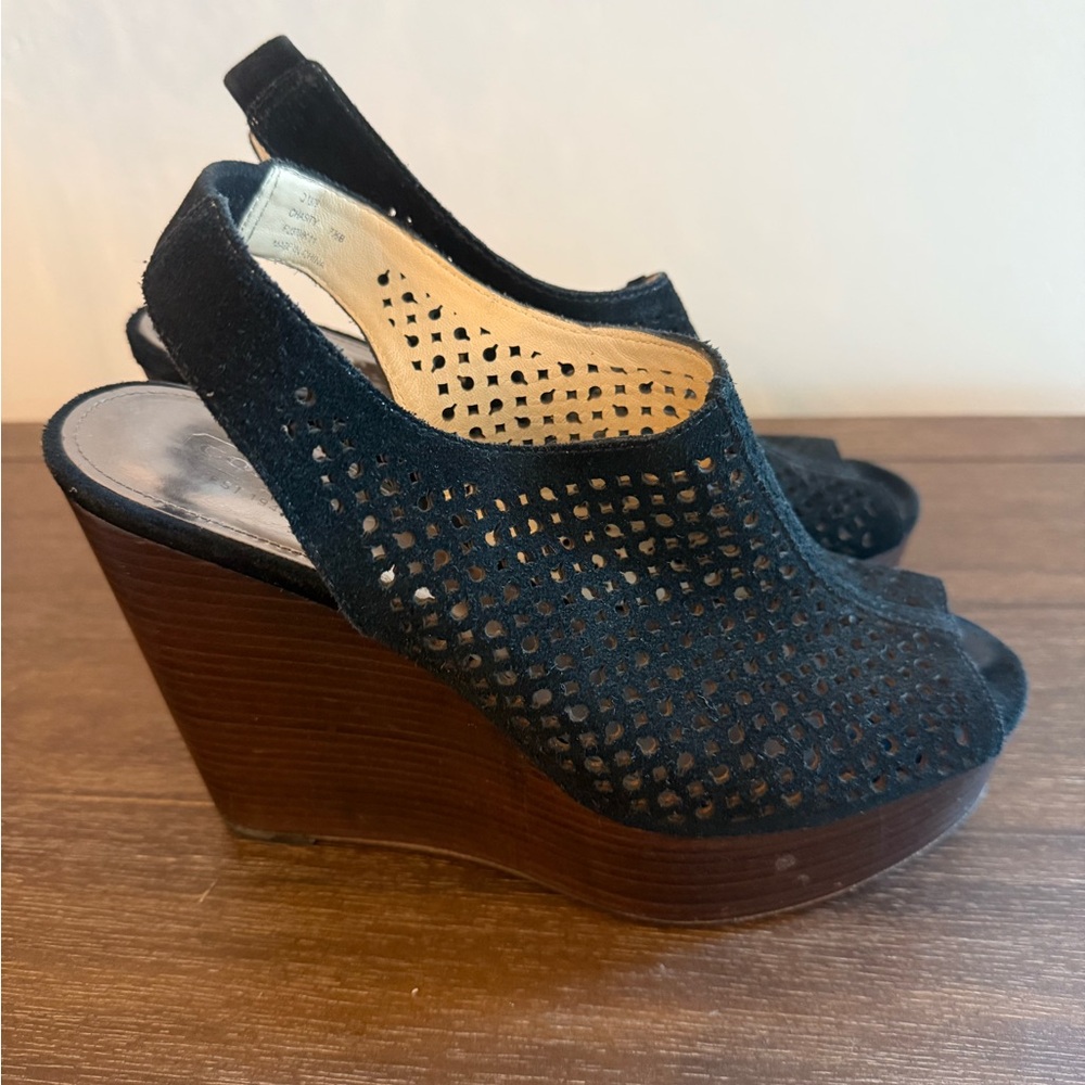 COACH Black Suede Wedge Sandals